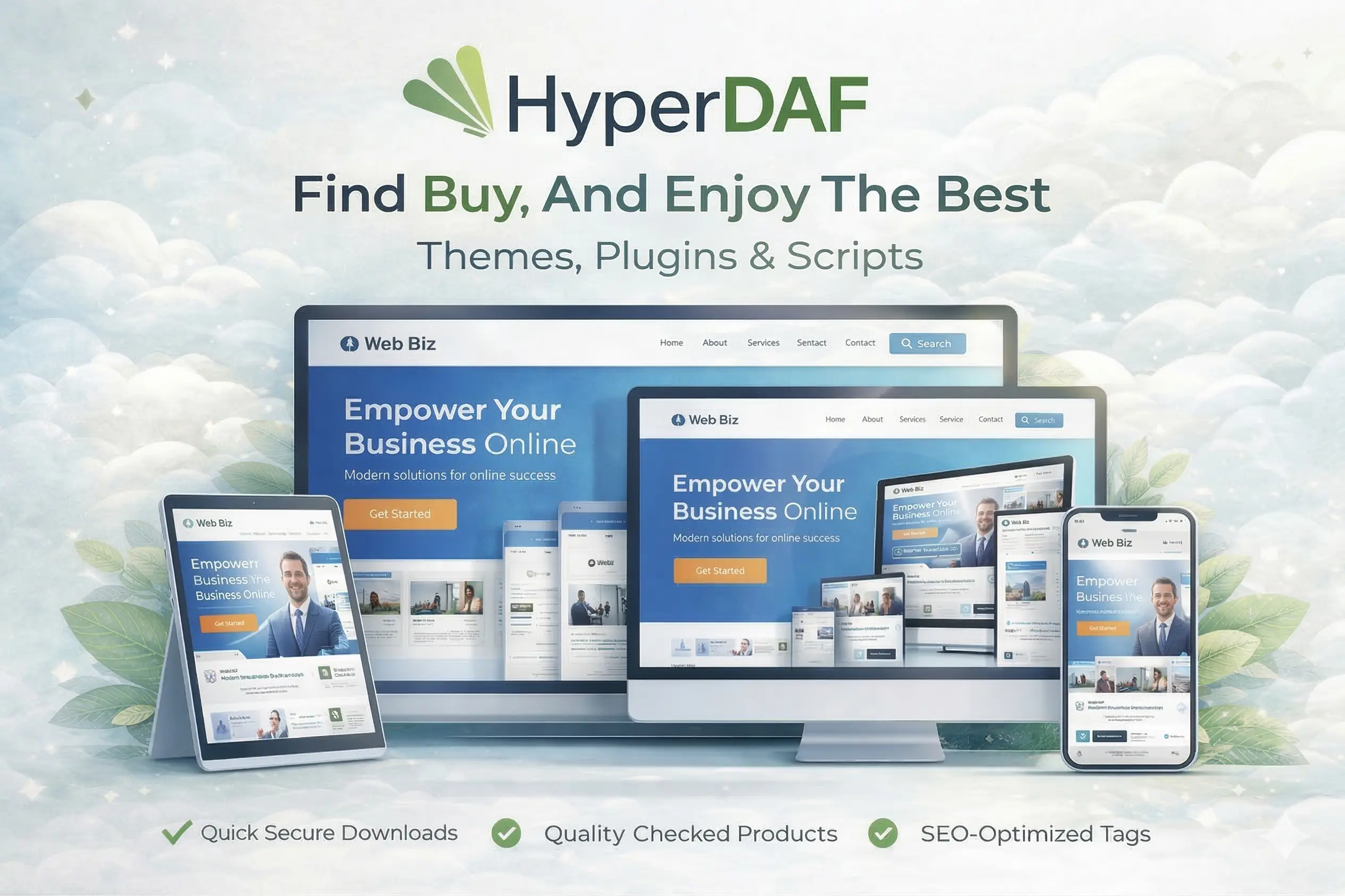 Modern product showcase visual with device previews, UI blocks, and soft marketplace branding.