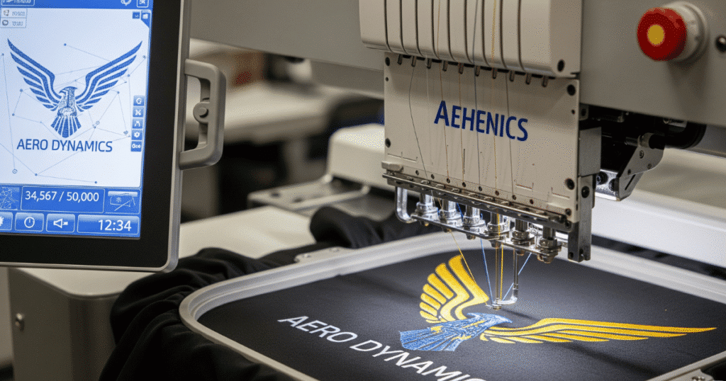 Close up of embroidery machine stitching a detailed logo while a screen shows stitch data.