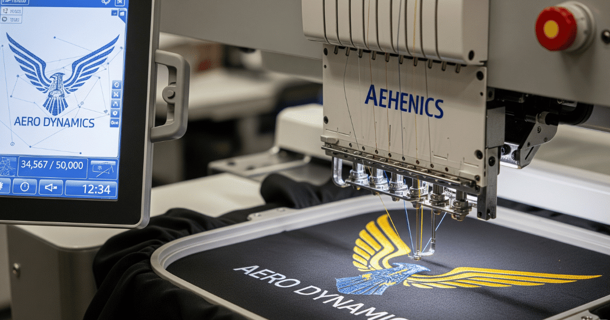 Close up of embroidery machine stitching a detailed logo while a screen shows stitch data.