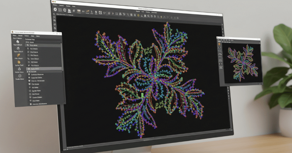 Why Customized Embroidery Digitizing Solutions Are Changing Modern Stitching 2 Computer screen displaying embroidery digitizing software with stitch path points.