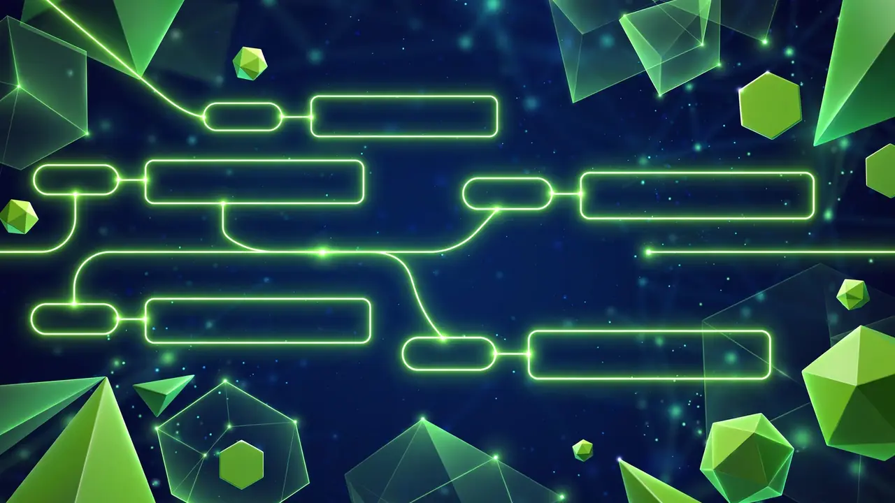 Abstract illustration of glowing text labels connected by luminous lines to form input boxes, representing properly associated form labels, on a deep navy background with green shapes.