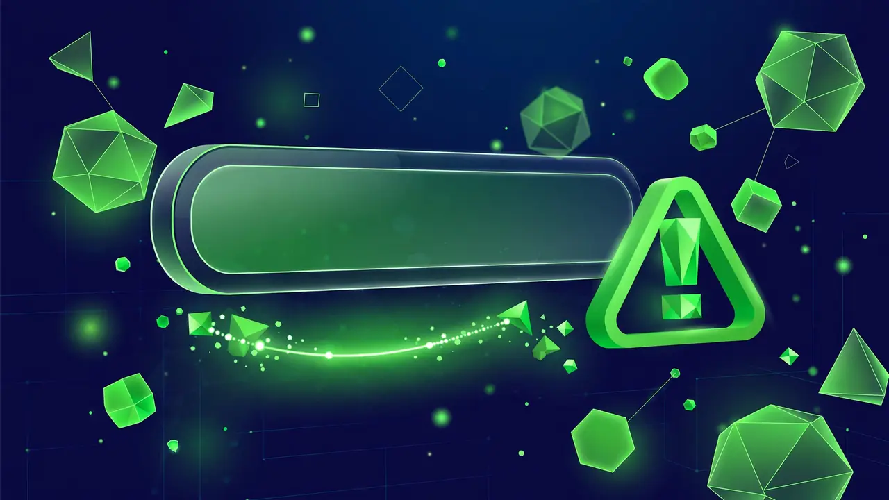 Abstract illustration of a form field with a glowing helper message and warning badge, representing clear form error messages, on a deep navy background with green shapes.