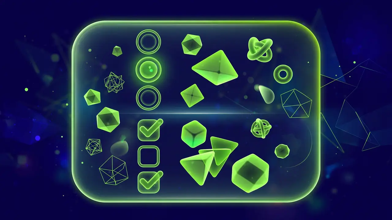 Abstract illustration of radio buttons and checkboxes grouped inside a glowing rounded container, representing grouped form fields, on a deep navy background with green shapes.