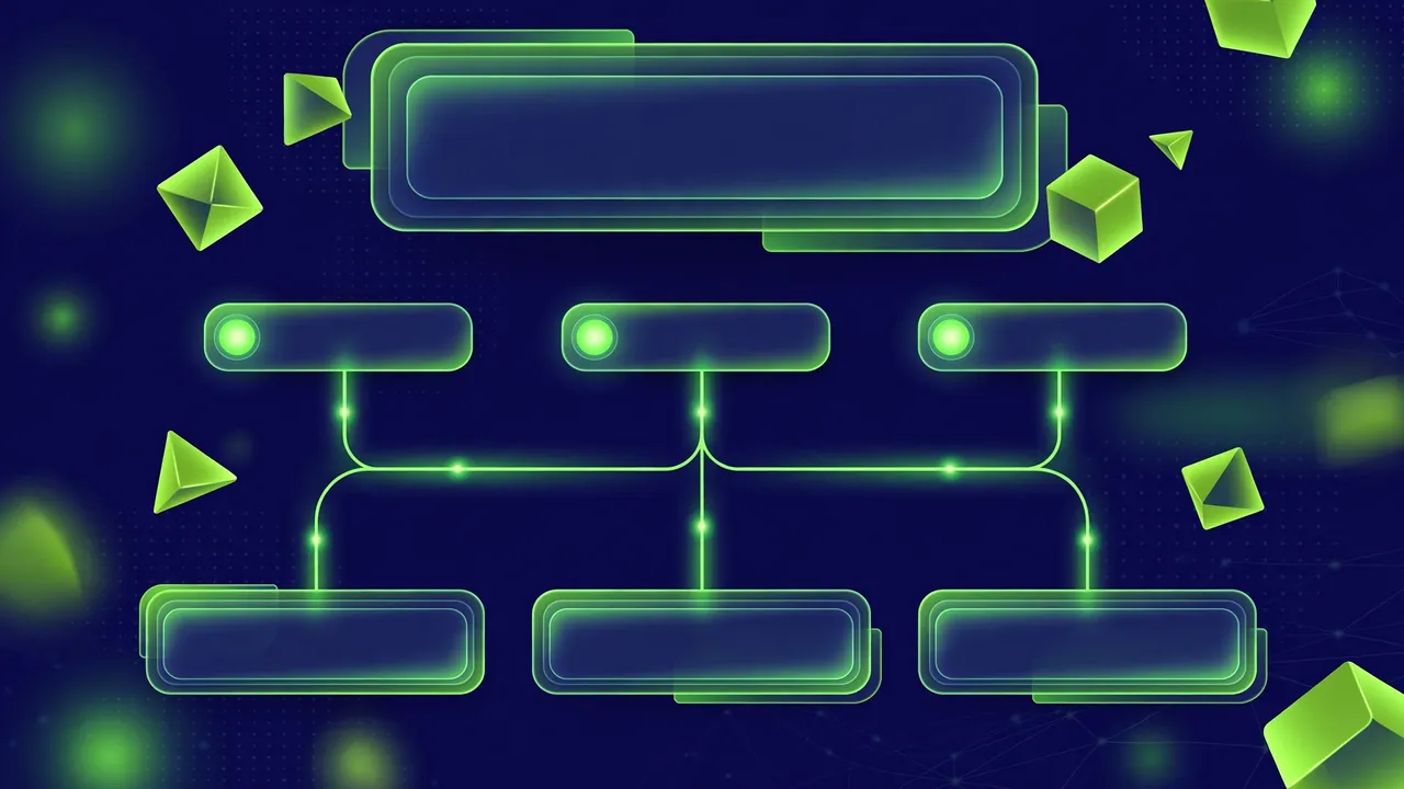 Abstract illustration of a summary panel with linked list items pointing down to form fields, representing a form error summary, on a deep navy background with green shapes.