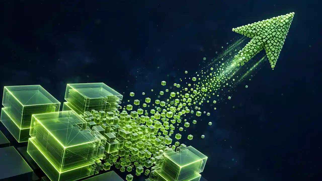 Abstract 3D illustration of a glowing lightning bolt striking font blocks with checkmarks in green on deep navy, representing preloading fonts for fast loading.