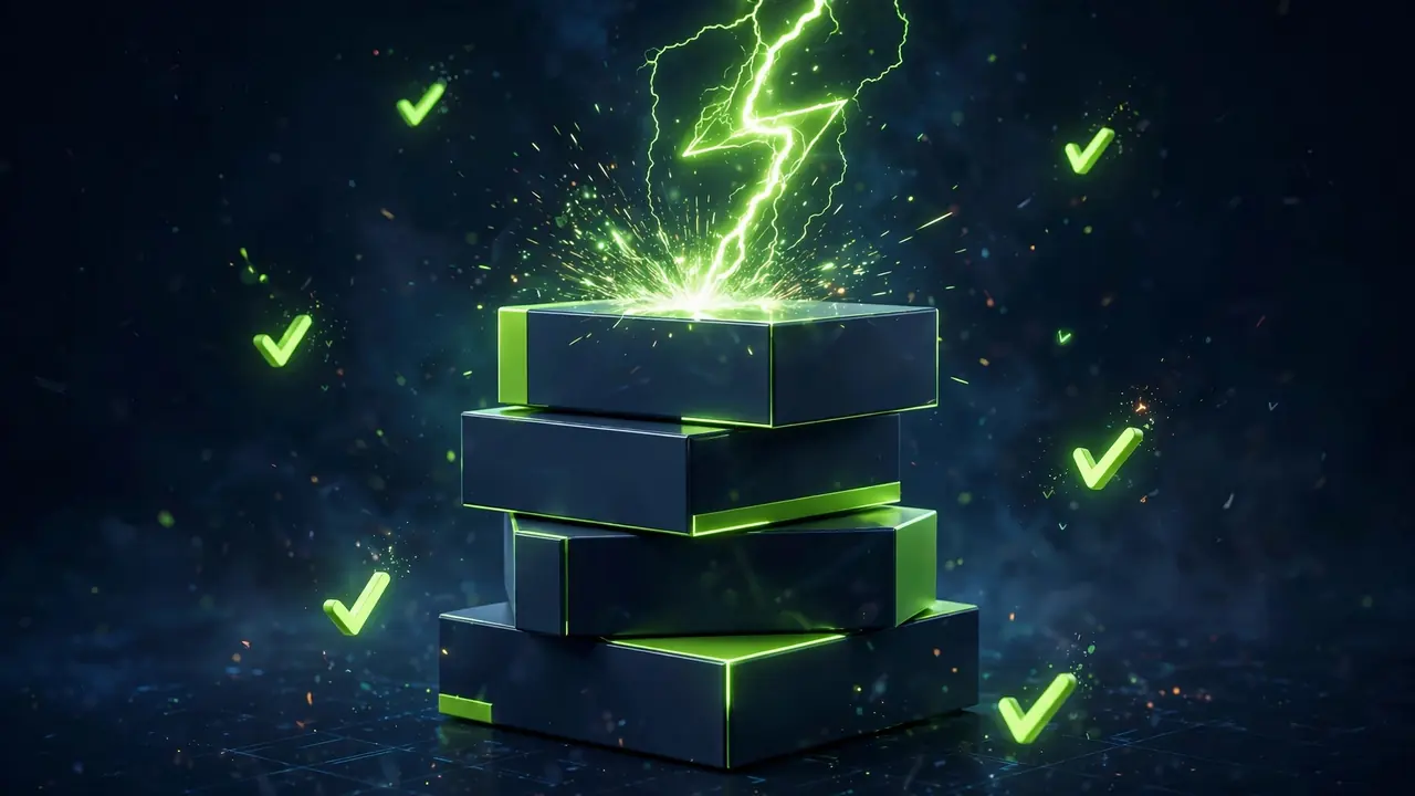 Abstract 3D illustration of a glowing performance chart with a magnifying lens on a font block in green on deep navy, representing verifying font loading in dev tools.