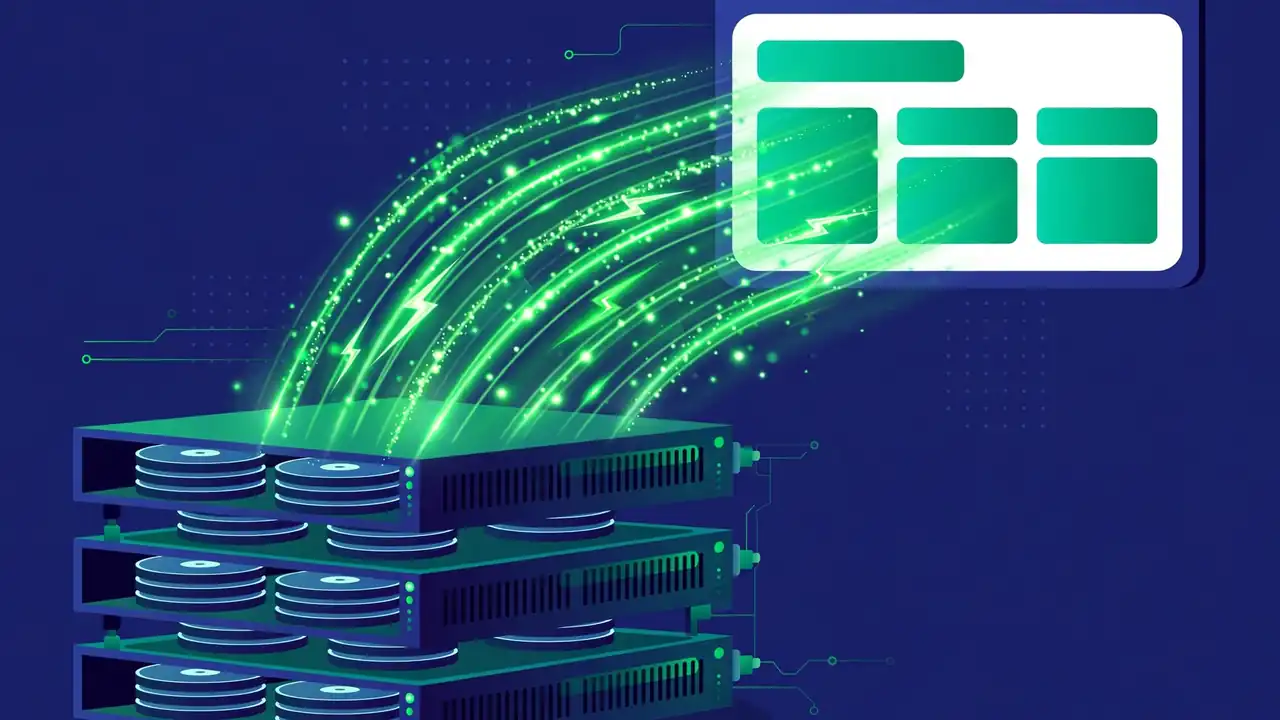 Illustration of website caching with fast data flowing to a browser