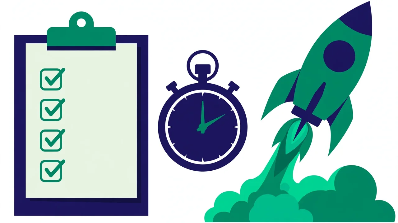 Website performance checklist illustration with stopwatch and rocket