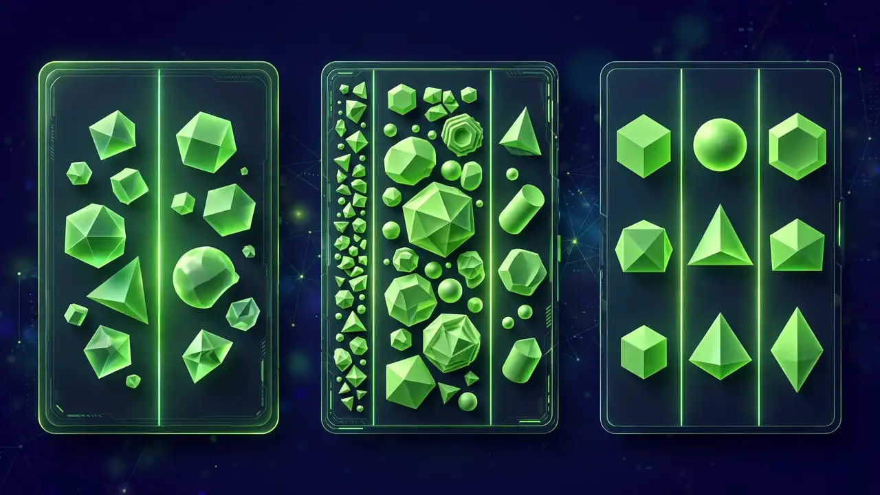 Abstract illustration of three column presets side by side: halves, uneven thirds, and equal thirds, each glowing green.
