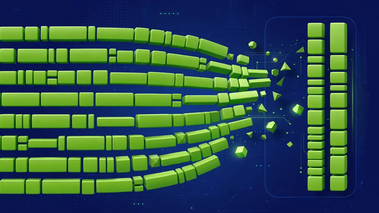 Abstract illustration of a grid of blocks automatically wrapping and stacking from wide rows into neat columns for a phone screen.