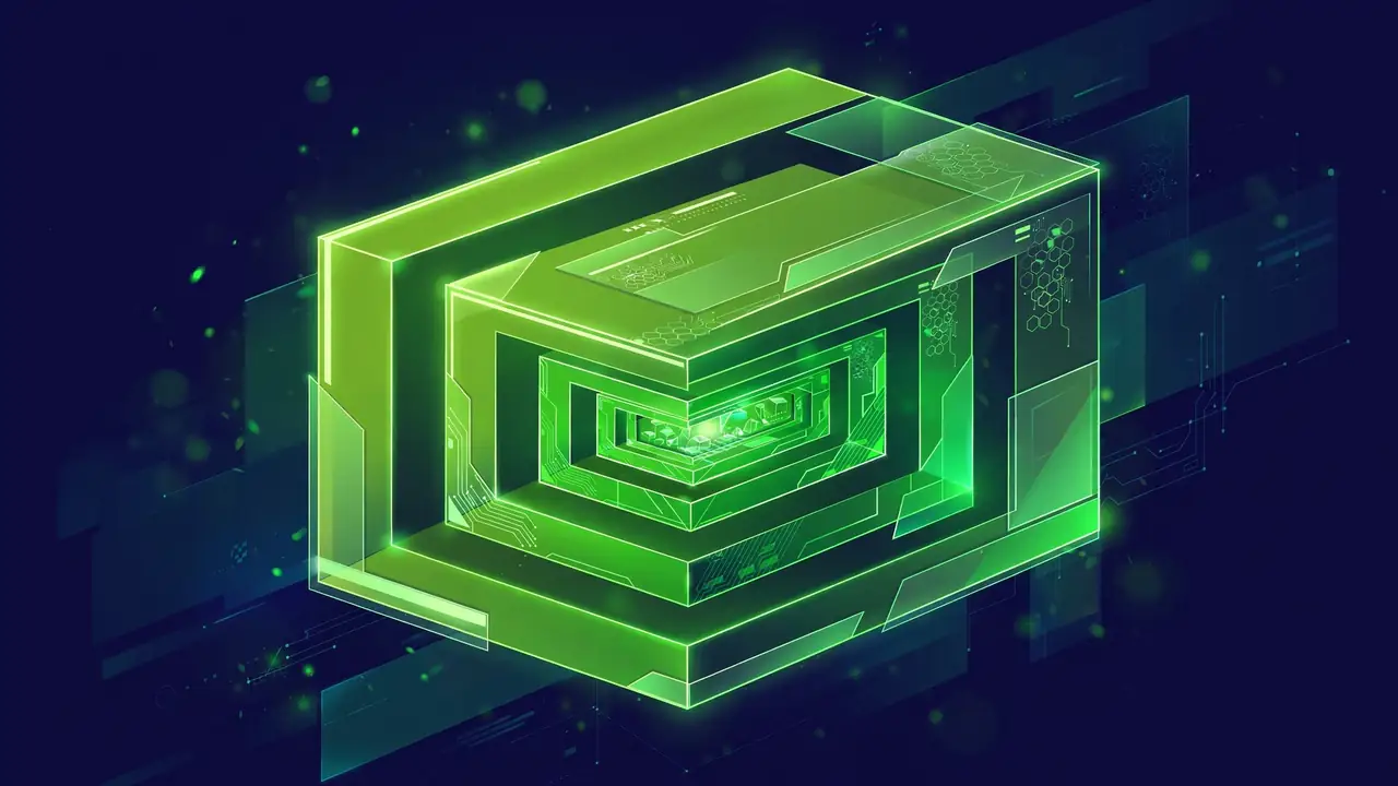 Abstract illustration of nested Russian-doll style blocks stacked inside each other in three levels, glowing green outlines.