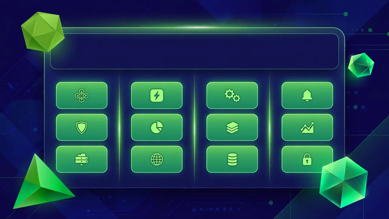 Abstract illustration of a wide dropdown panel divided into four glowing columns of navigation tiles with small icons.