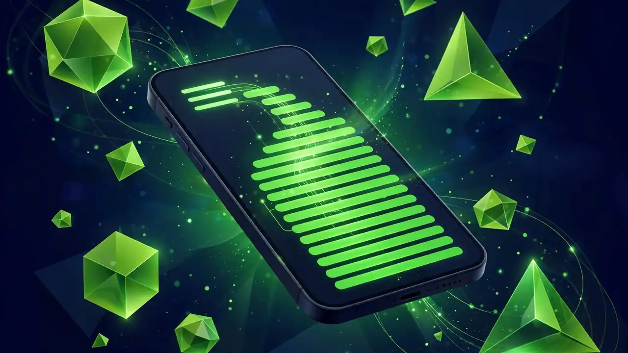 Abstract illustration of a smartphone showing a collapsed hamburger navigation menu expanding into a full list, glowing green.