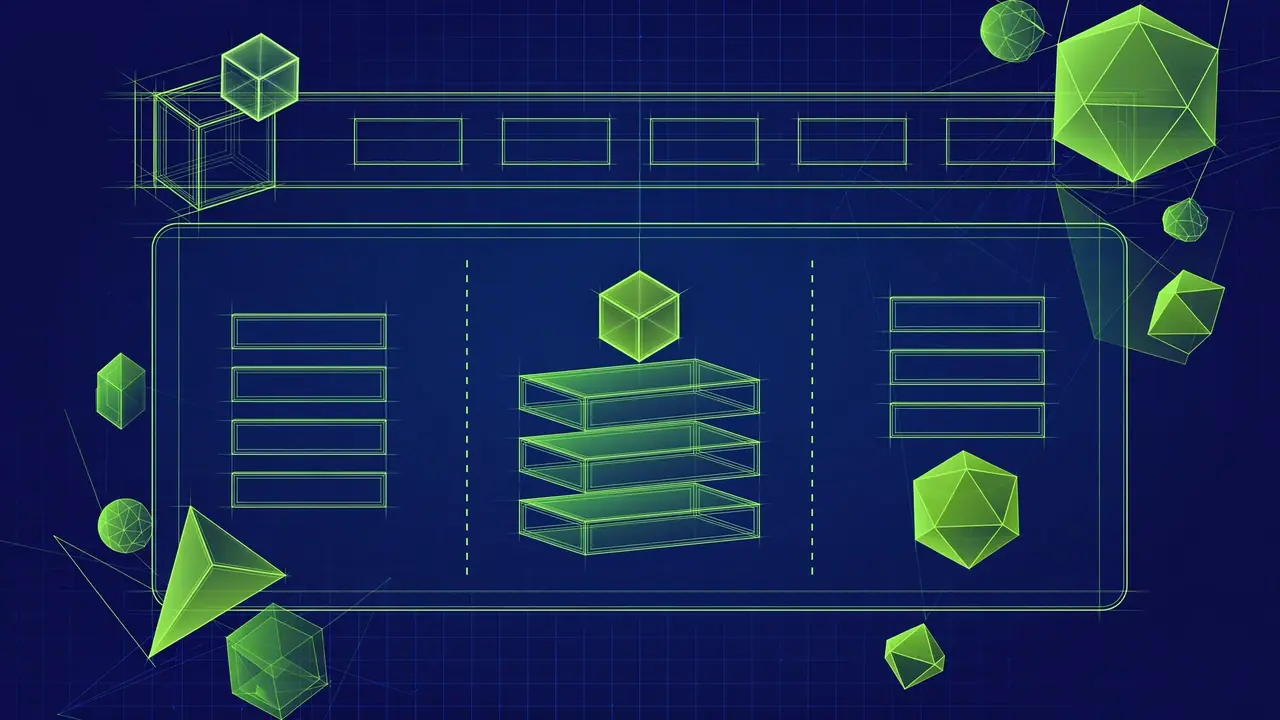 Abstract illustration of a website header template blueprint with a logo block, navigation block, and mega menu panel wireframe.