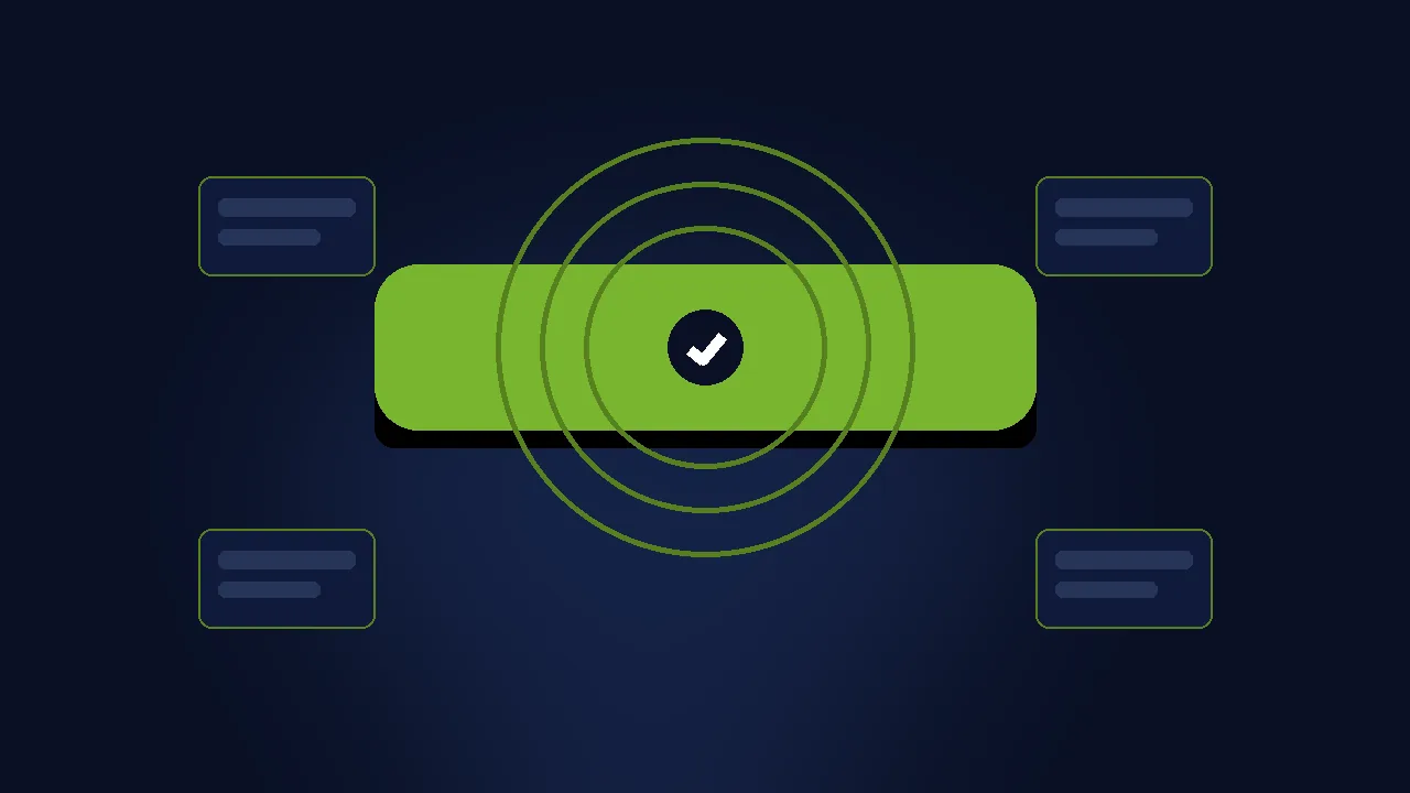 Abstract illustration of checkout step cards connected by green arrows on navy.