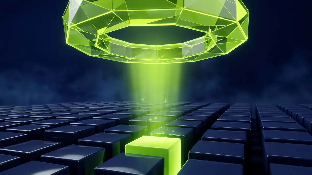 Abstract 3D illustration of a green geometric lens inspecting neat rows of navy boxes, on a deep navy background.