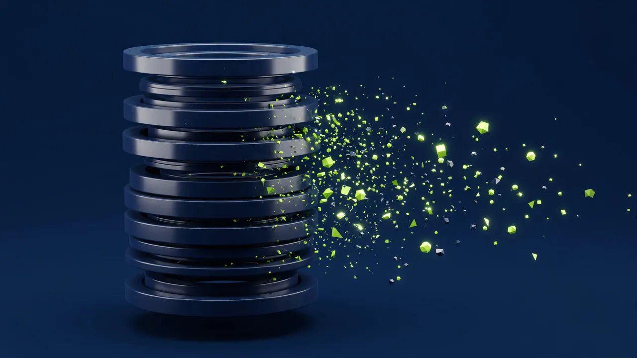 Abstract 3D illustration of a layered geometric database cylinder with small fragments drifting away, in green and navy.