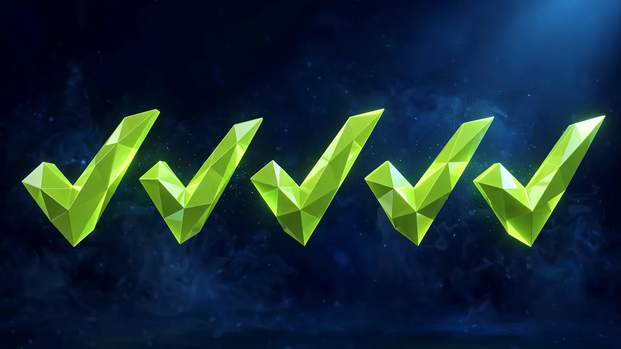 Abstract 3D illustration of glowing green geometric checkmarks arranged in a row, on a deep navy background.