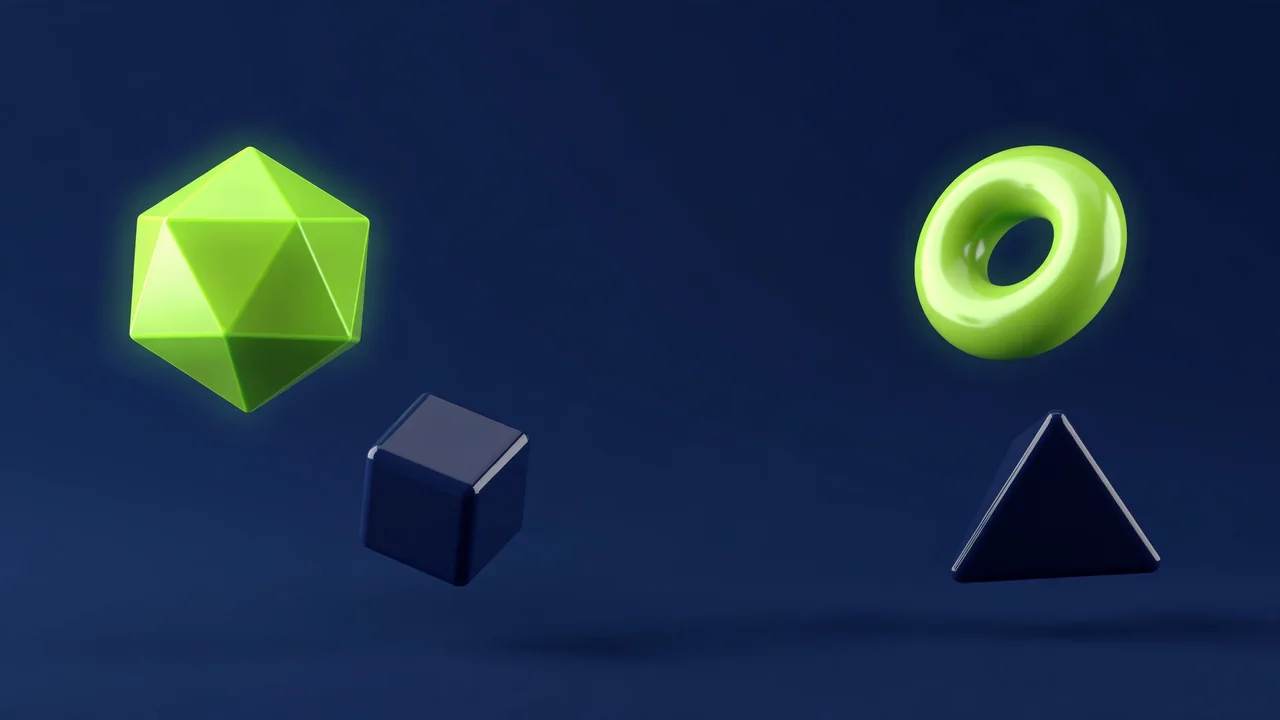 Abstract 3D illustration of a sparse tidy arrangement of geometric shapes with open space, in green and navy.