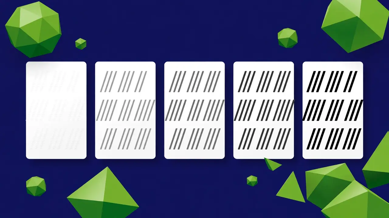 Abstract illustration of typography samples ranging from faint gray to bold black on white cards, representing text contrast levels, on a deep navy background with green shapes.