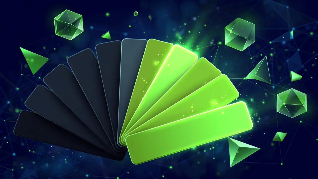 Abstract illustration of a color palette fan with only some swatches glowing bright, representing an accessible color palette, on a deep navy background with green shapes.