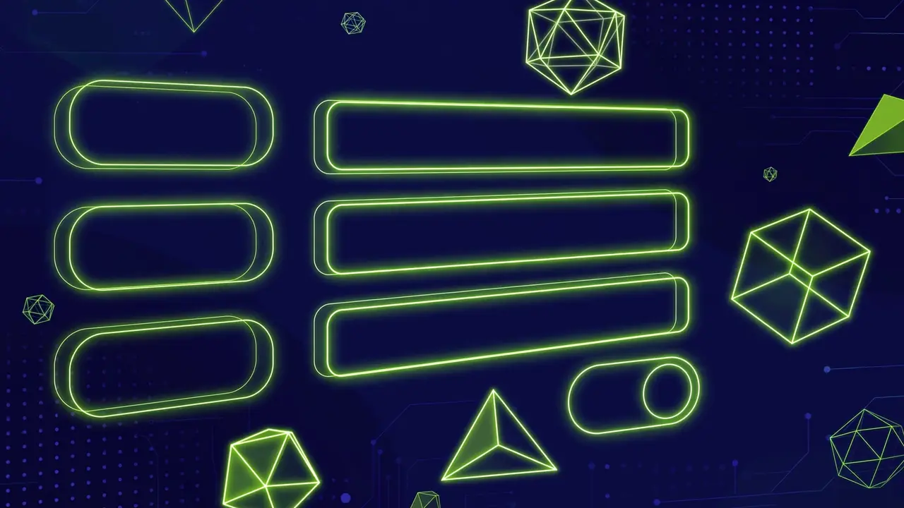 Abstract illustration of glowing buttons and form field outlines with high-visibility borders, representing UI component contrast, on a deep navy background with green shapes.