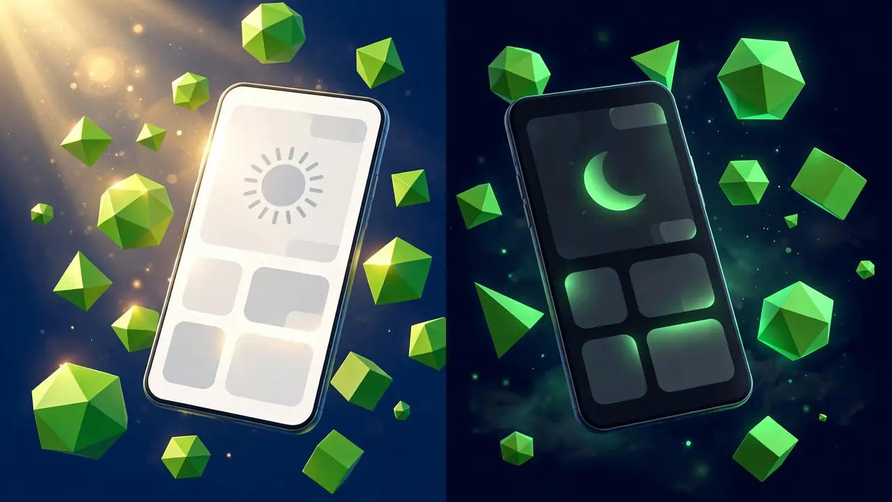Abstract illustration of a phone in bright sunlight beside a dark mode phone, representing readability in different lighting conditions, on a deep navy background with green shapes.