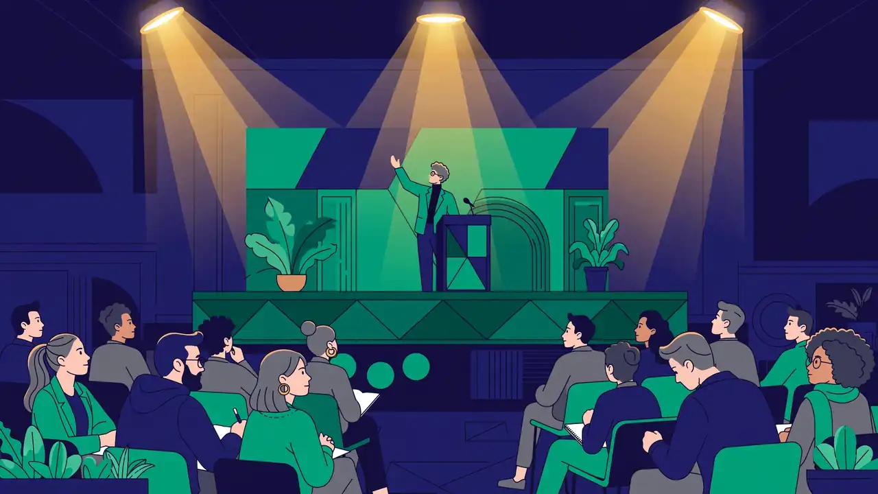 contribute to WordPress — illustration of a speaker addressing a conference audience