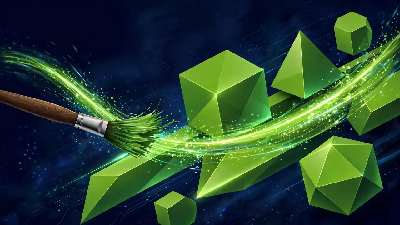 Abstract 3D illustration of a paint brush sweeping a fast glowing streak across blocks, in deep navy and green