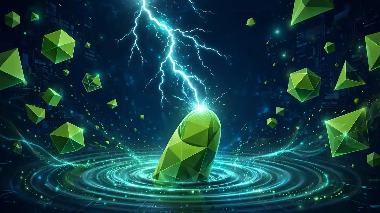 Abstract 3D illustration of a lightning bolt striking a geometric form with light ripples, in deep navy and green
