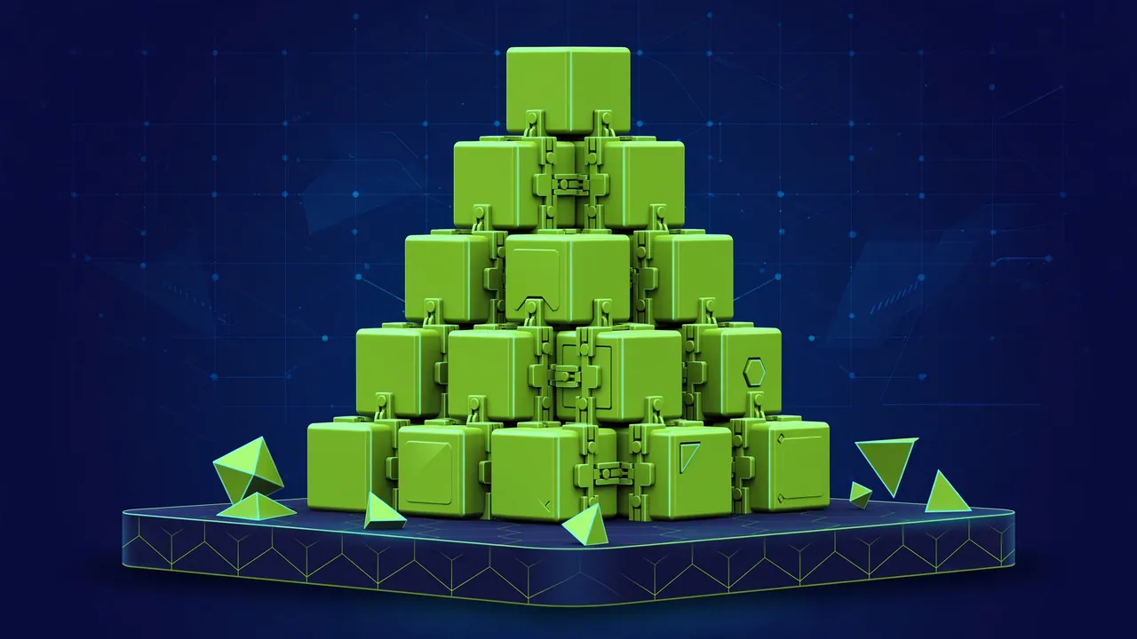 Abstract 3D illustration of stable stacked geometric cubes locked in place, in deep navy and green