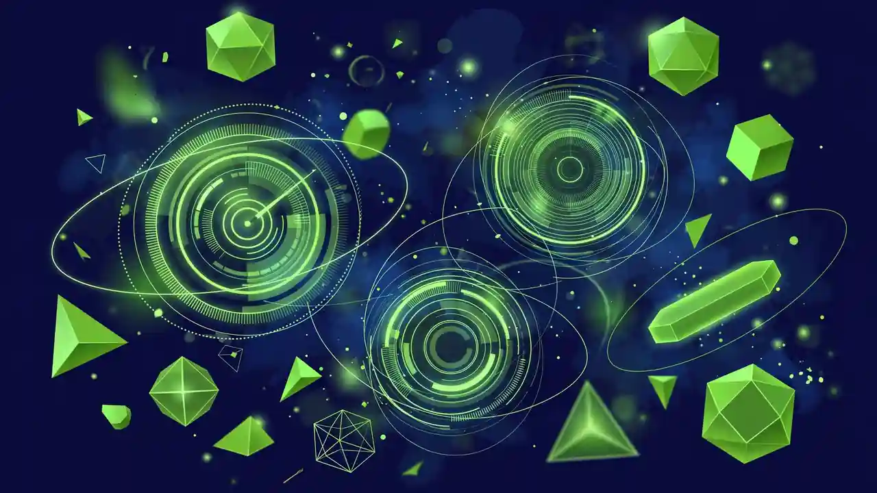 Abstract 3D illustration of circular measurement dials among floating shapes, in deep navy and green