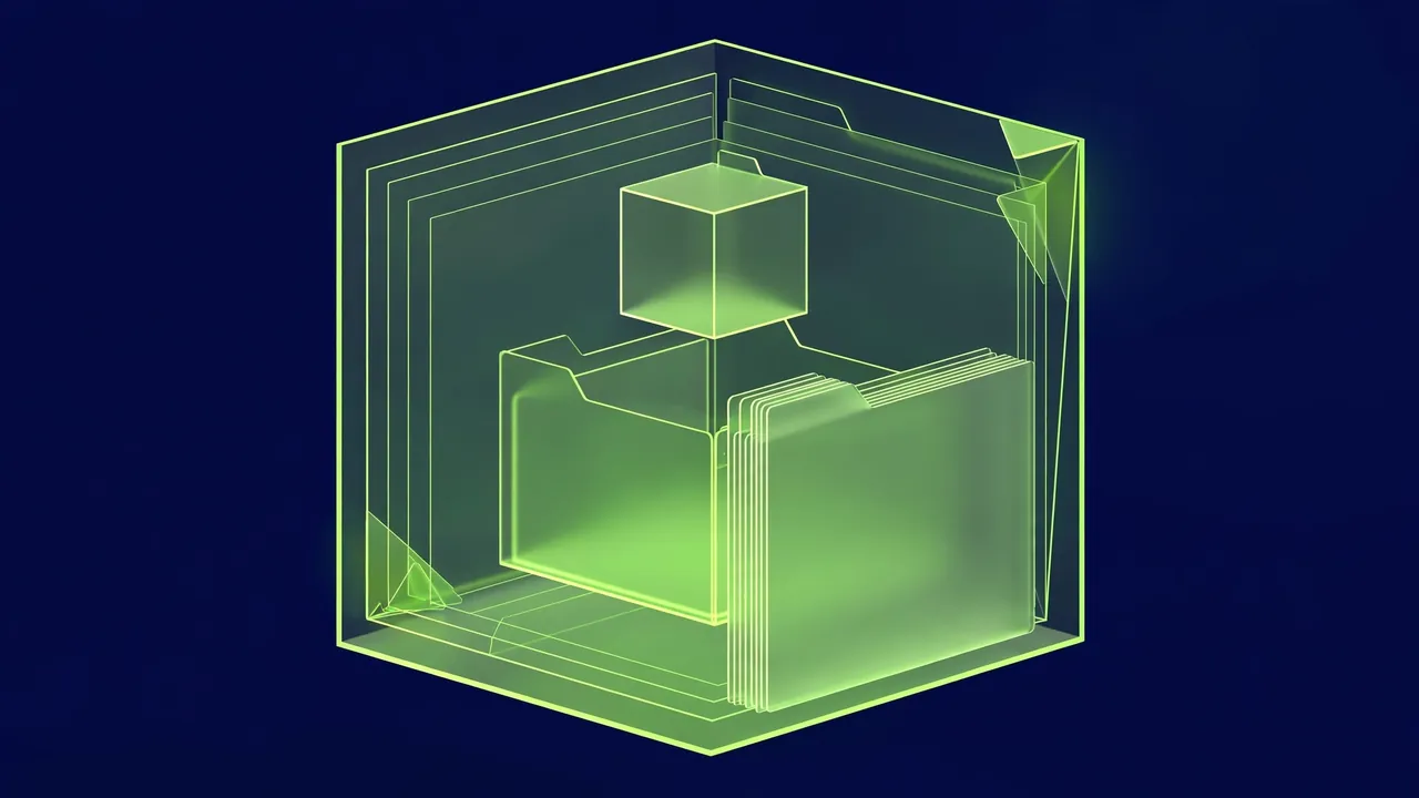 Abstract 3D geometric illustration showing layered parent and child theme folders as protective stacked blocks in deep navy and green.