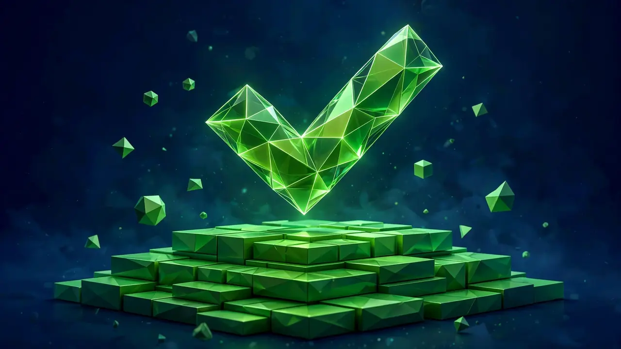 Abstract 3D geometric illustration of a glowing green verification checkmark confirming a working child theme on a deep navy background.