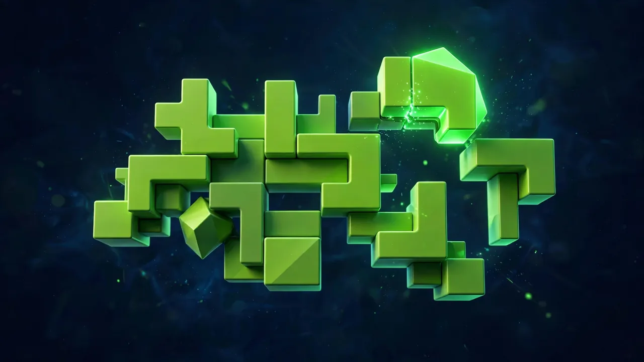 Abstract 3D geometric illustration of interlocking puzzle blocks representing fixed child theme mistakes, in navy and green.