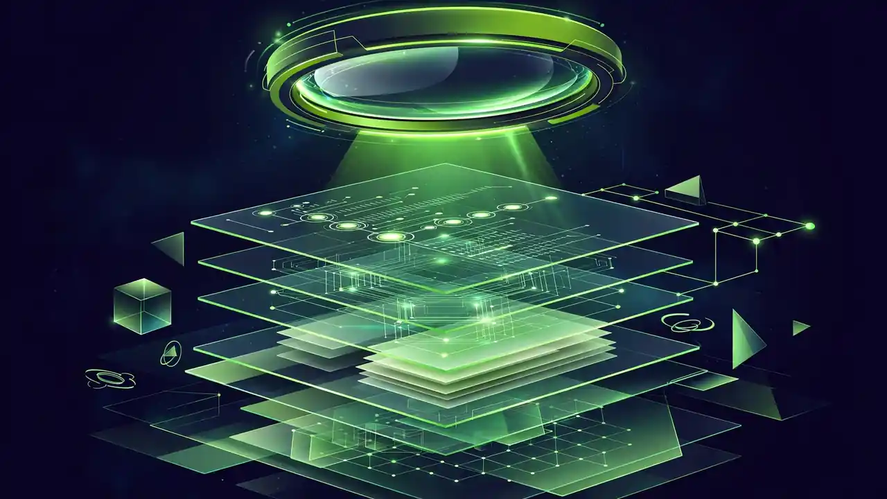 Abstract 3D illustration of two glowing geometric slabs pushing against each other in green on deep navy, one winning, representing competing CSS rules.