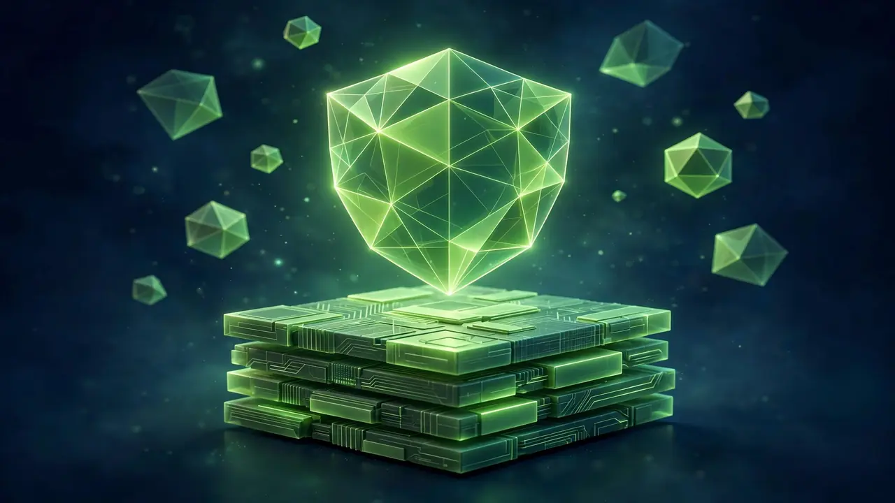 Abstract 3D geometric illustration of a shield protecting PHP code blocks, in deep navy and green, representing safe functions.php customization.