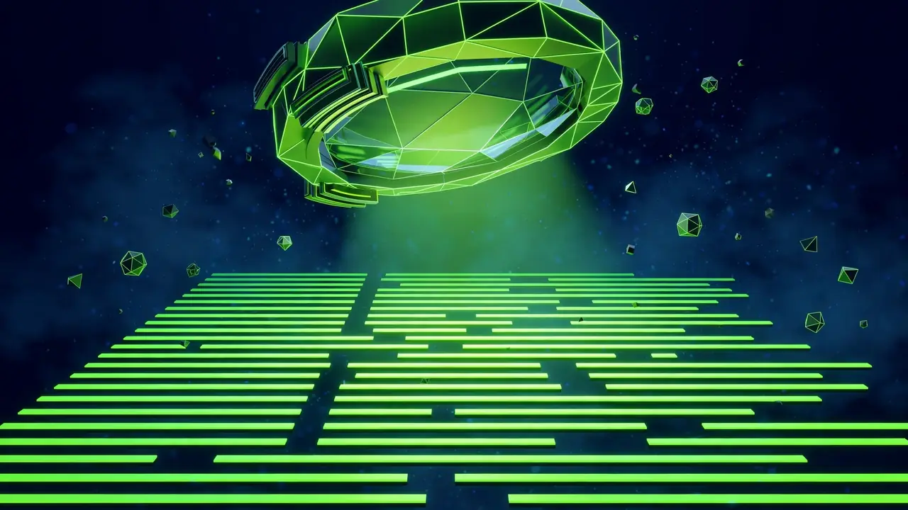 Abstract 3D geometric illustration of a magnifying glass examining lines of PHP code on a deep navy background with green accents.
