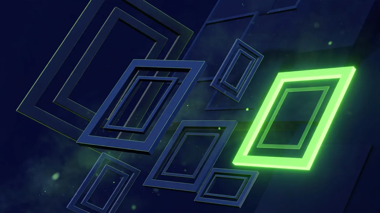 Abstract 3D geometric illustration of layered image frames in different sizes floating over a deep navy background with green highlights.