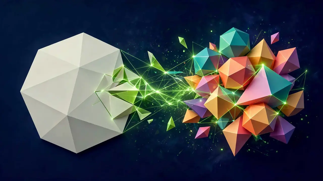 Abstract 3D geometric illustration of a blank white screen transforming back into colorful geometric shapes on navy, symbolizing site recovery.