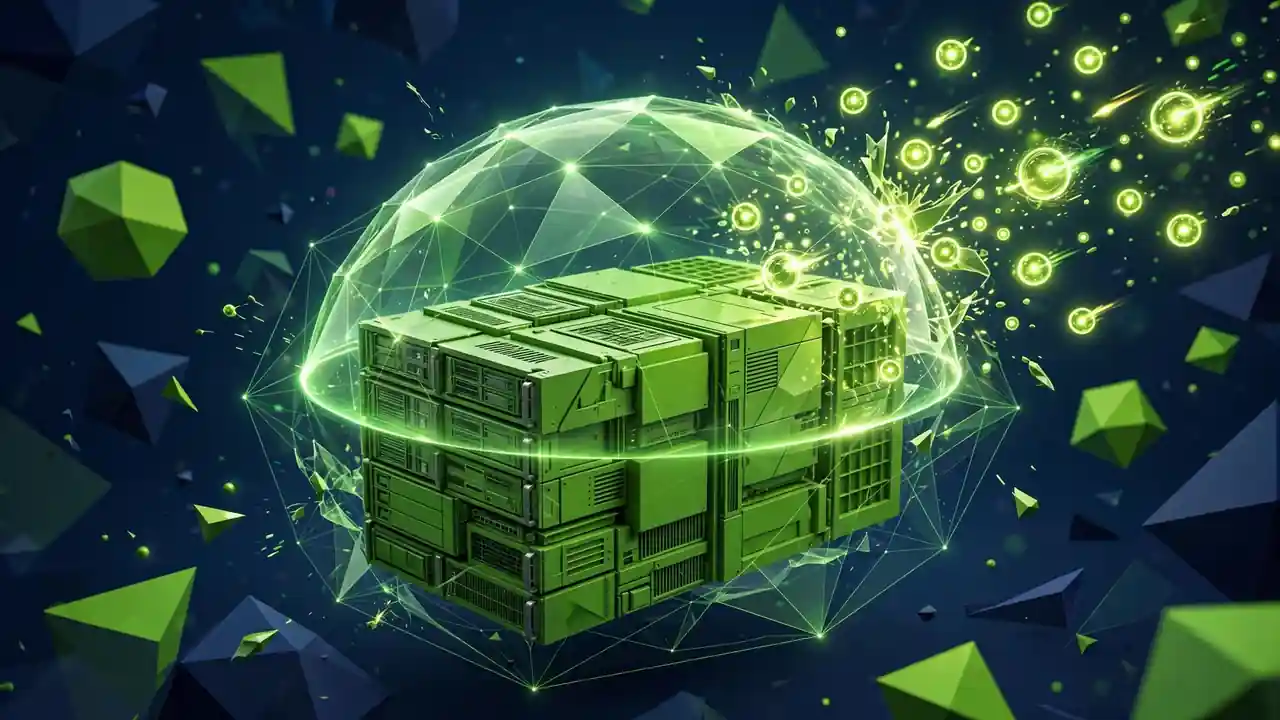 A 3D server block deflecting a swarm of glowing attack orbs with a green shield dome, representing XML-RPC attack blocking