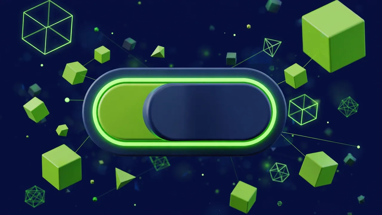 A 3D toggle switch in the off position surrounded by green geometric shapes, representing XML-RPC disabled