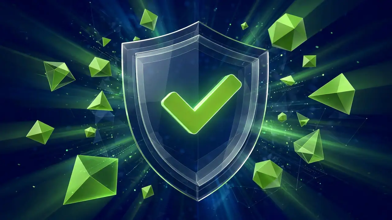 A glowing checkmark inside a 3D shield, representing verified XML-RPC protection