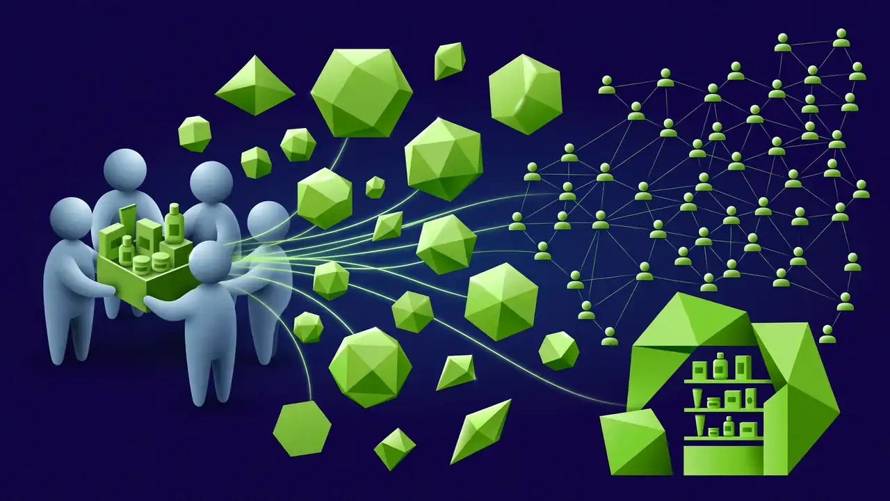 Abstract illustration of small creators sharing a store's products with their followers