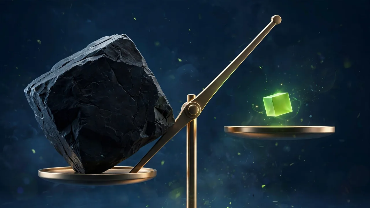 Abstract 3D illustration of a glowing green measuring tape curling around geometric cubes on a navy background, representing measuring image dimensions.