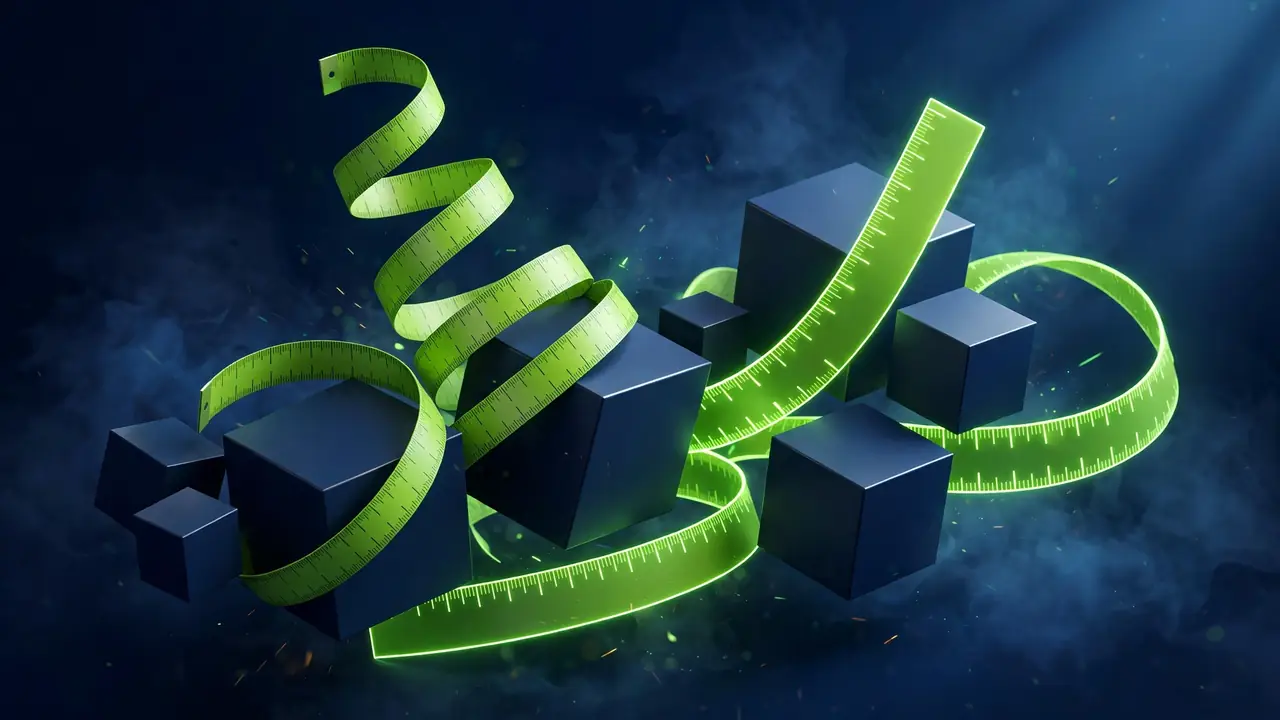 Abstract 3D illustration of a large stack of glowing green glass cubes being resized into a neat row of smaller identical cubes, representing bulk image resizing.