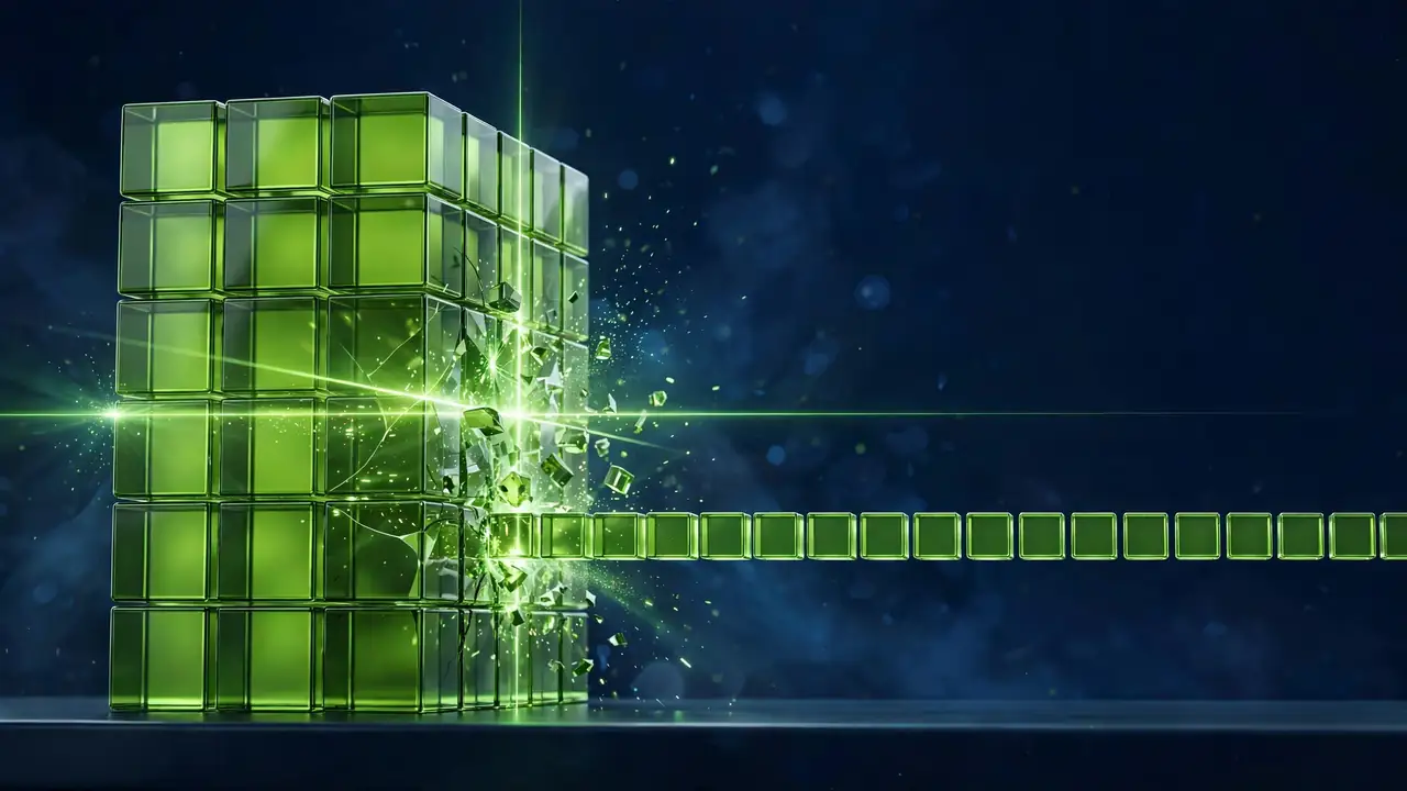 Abstract 3D illustration of glowing green spheres flowing through a funnel into a neat row of uniform small cubes, representing preventing oversized image uploads.