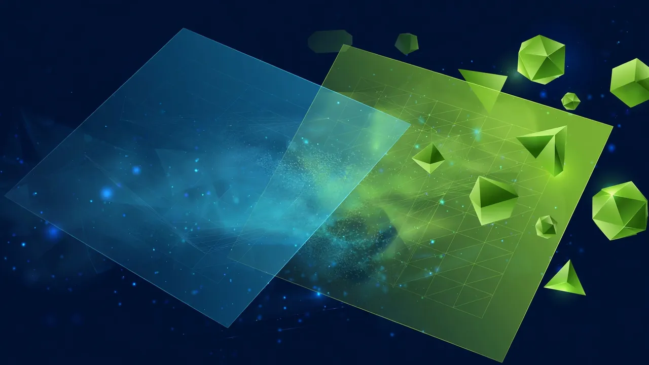 Abstract 3D illustration of two overlapping translucent geometric sheets, in deep navy and green