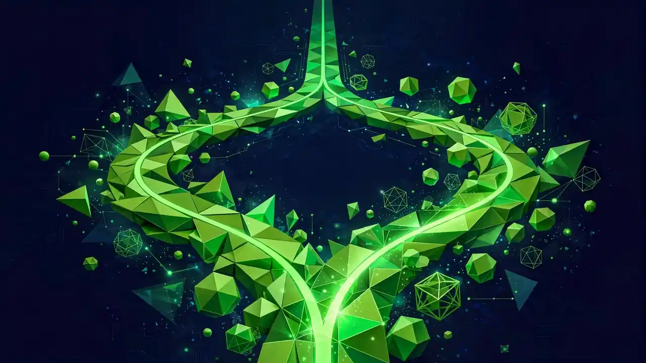 Abstract 3D illustration of a forked path merging into one glowing road, in deep navy and green