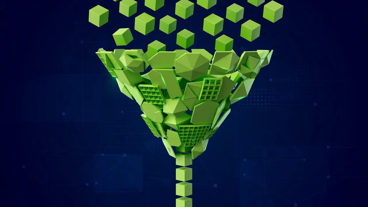 Abstract 3D illustration of a geometric funnel filtering duplicate cubes, in deep navy and green